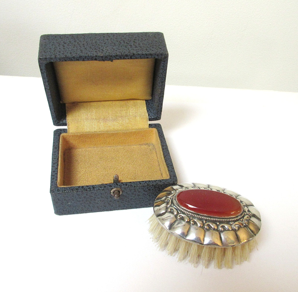 Vintage Cased Silver Baby Brush with Agate