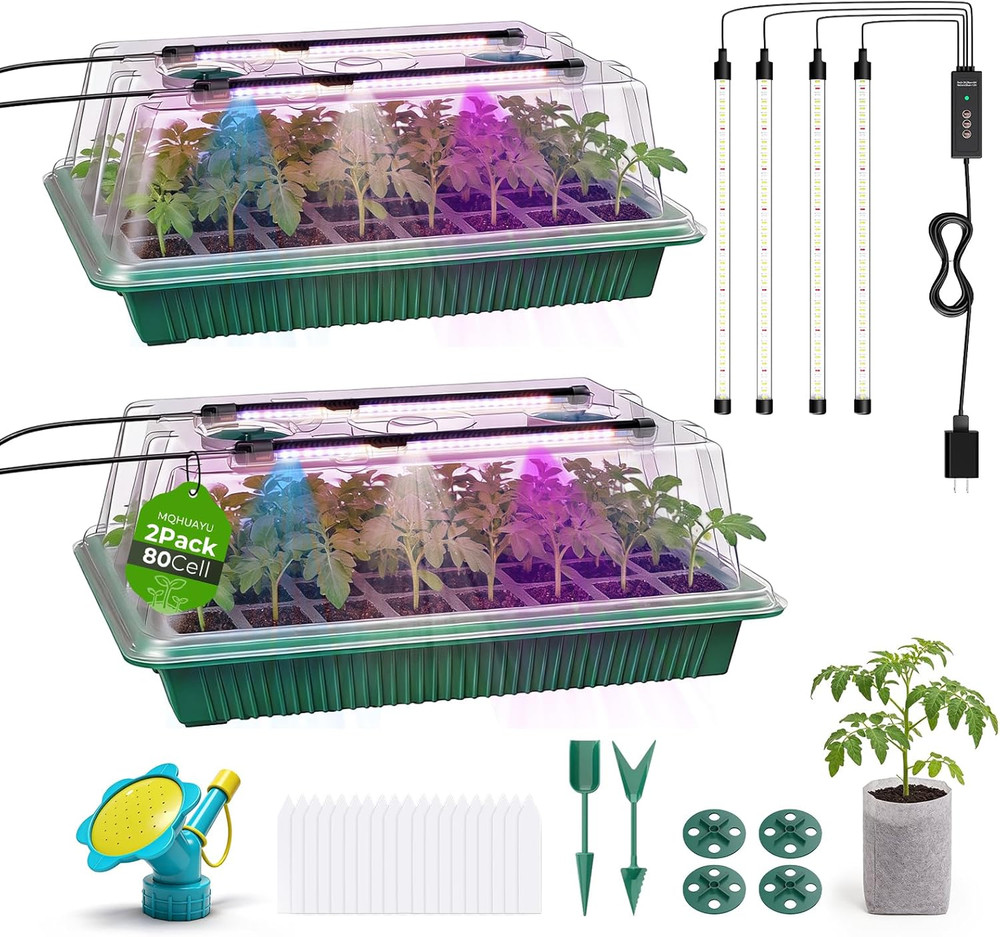 80 Cell Seed Starter Tray with Grow Light, 2 Pack Smart Timer Seed Starter Kit w