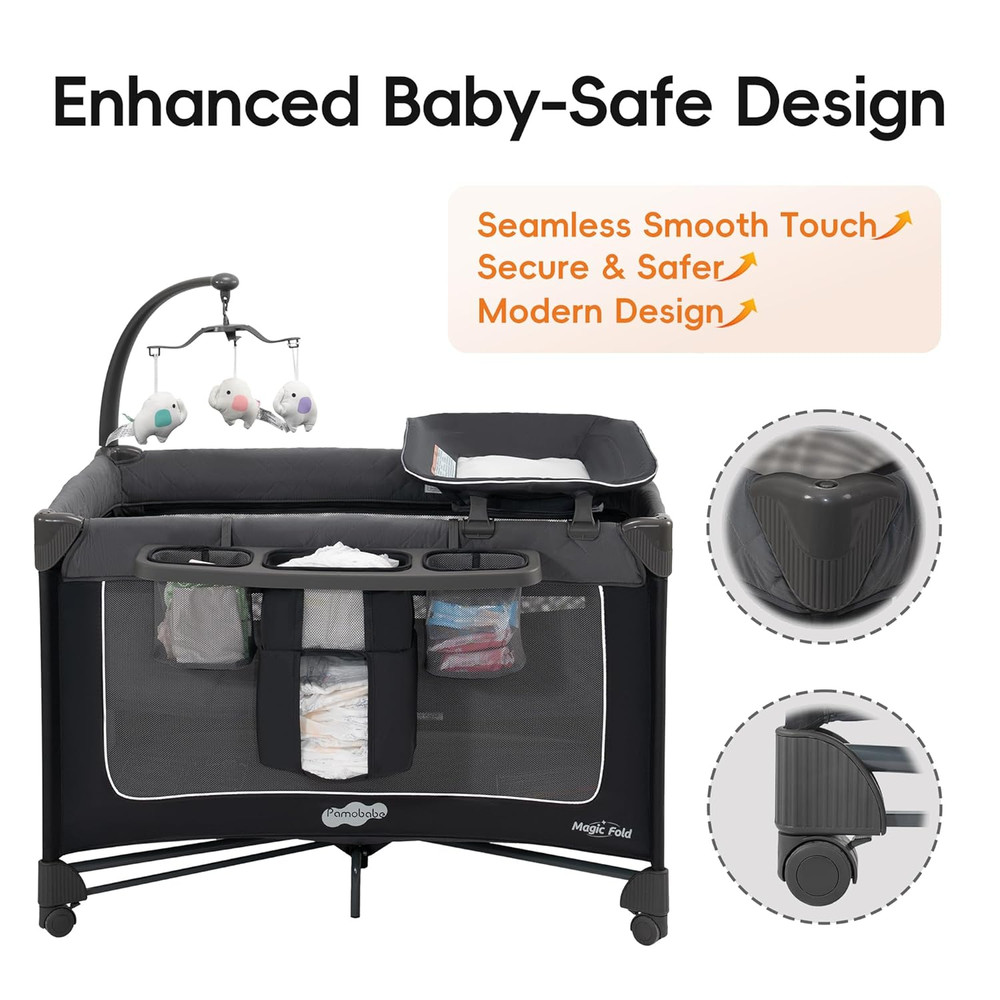 Portable Magic Fold Playard with Bassinet & Changing Table - Easy Zip Door