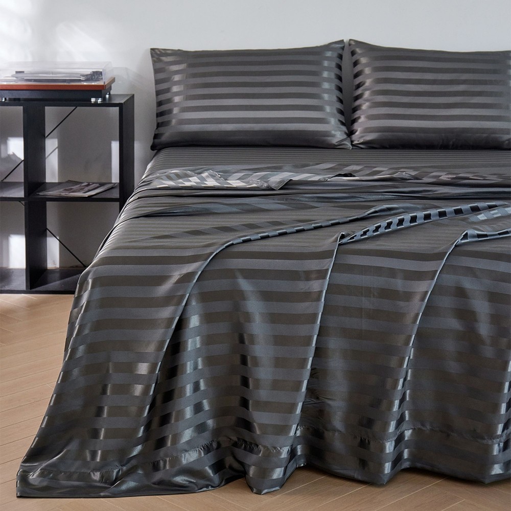 3/4 Piece Bed Sheet Set Striped Satin Silky Sheets Deep Pocket Wrinkle Resistant