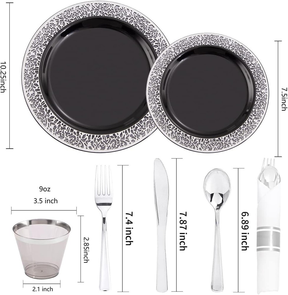210 disposable black plastic plates with prepackaged silverware and cups