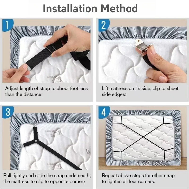4 Pack Adjustable Bed Sheet Holder Straps Fitted Sheet Clips Fasteners Grips