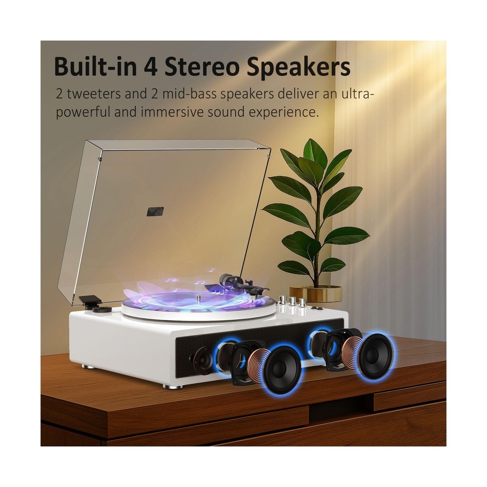 Record Player with Built-in Four Stereo Speakers, Three LED Lighting Modes, A...