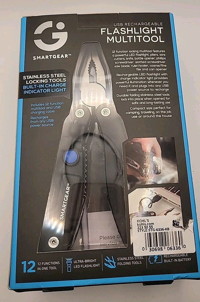 Smart Gear 12 In 1 Multitool Led Flashlight USB Rechargeable SS Locking Tool NIB