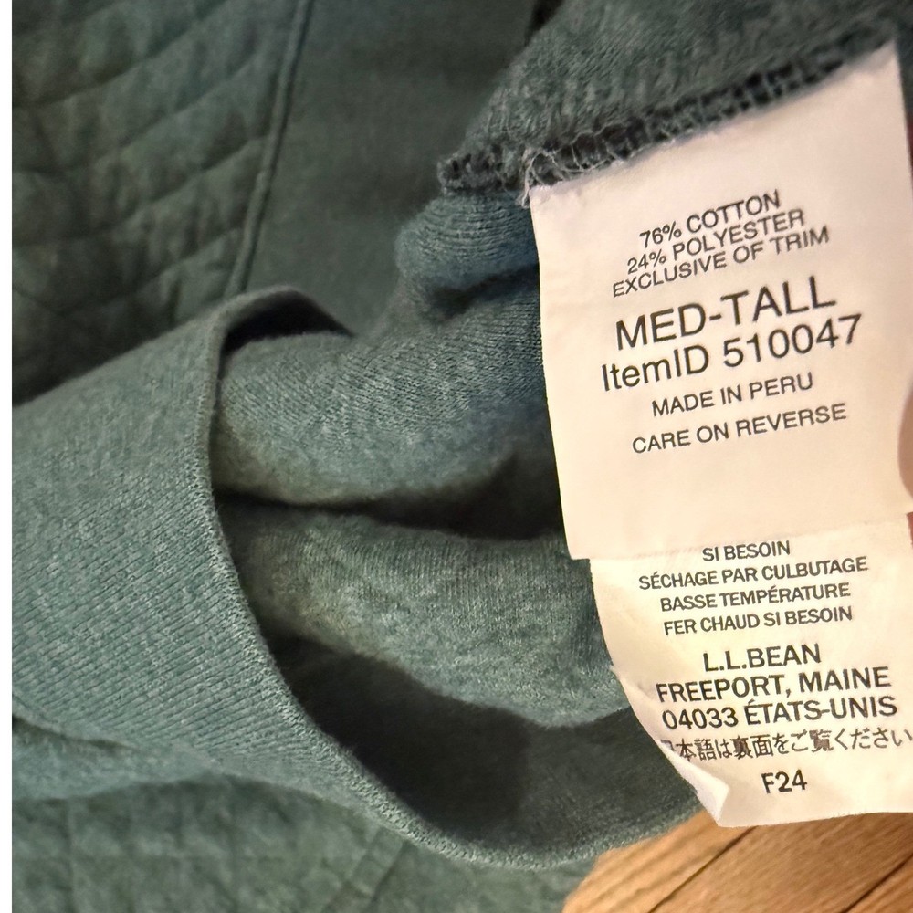 LL Bean Mens Quilted Sweatshirt Snap Pullover Green M Tall 505230