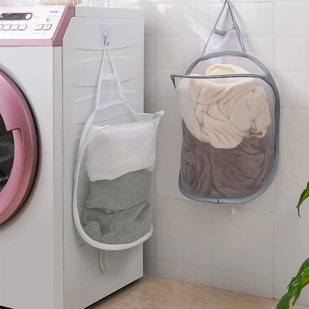Pop-up Hanging Laundry Hamper Small Mesh Laundry Basket 2 Pack Foldable Hampe...