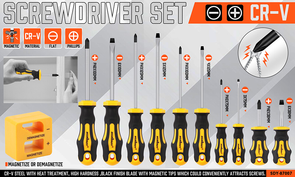 11-Pieces Magnetic Screwdriver Set 5 Phillips 5 Flat Head Tips Magnetizer Tool