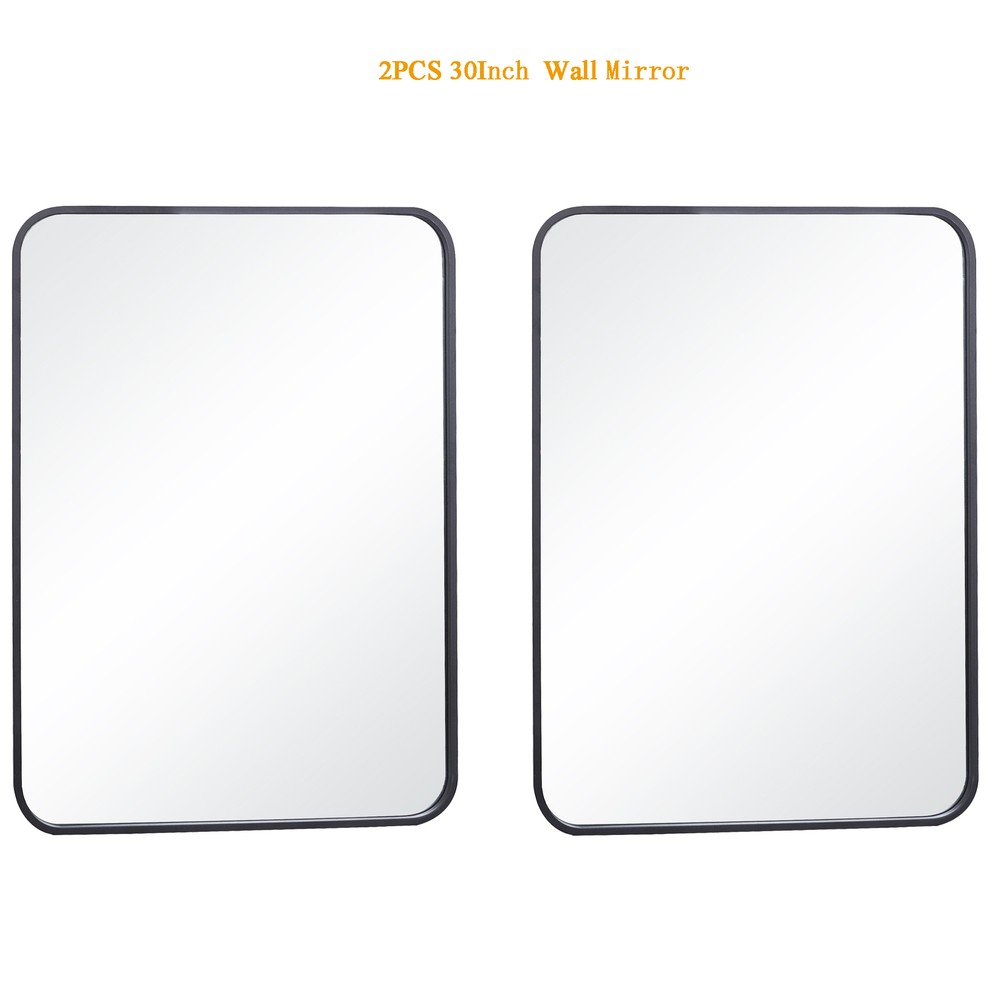 2PCS Black Metal Framed Bathroom Mirror 30" Rectangle Wall Mirror w/Metal Frame