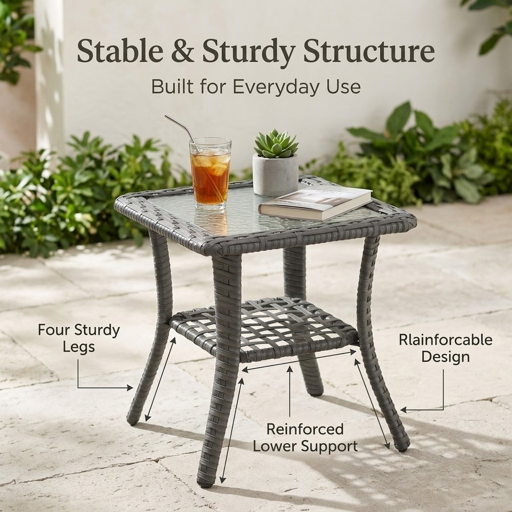 Wicker Side Table 17.7" - Tempered Glass Top & Shelf, Patio End Table