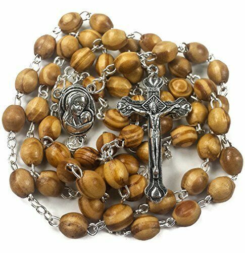 Blessed Catholic Rosary Necklace Olive Wood Oval Beads Jerusalem Soil Crucifix
