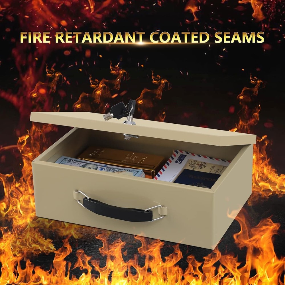 Fireproof Document Metal Box W Key Lock - Safe Storage for Valuables & Documents