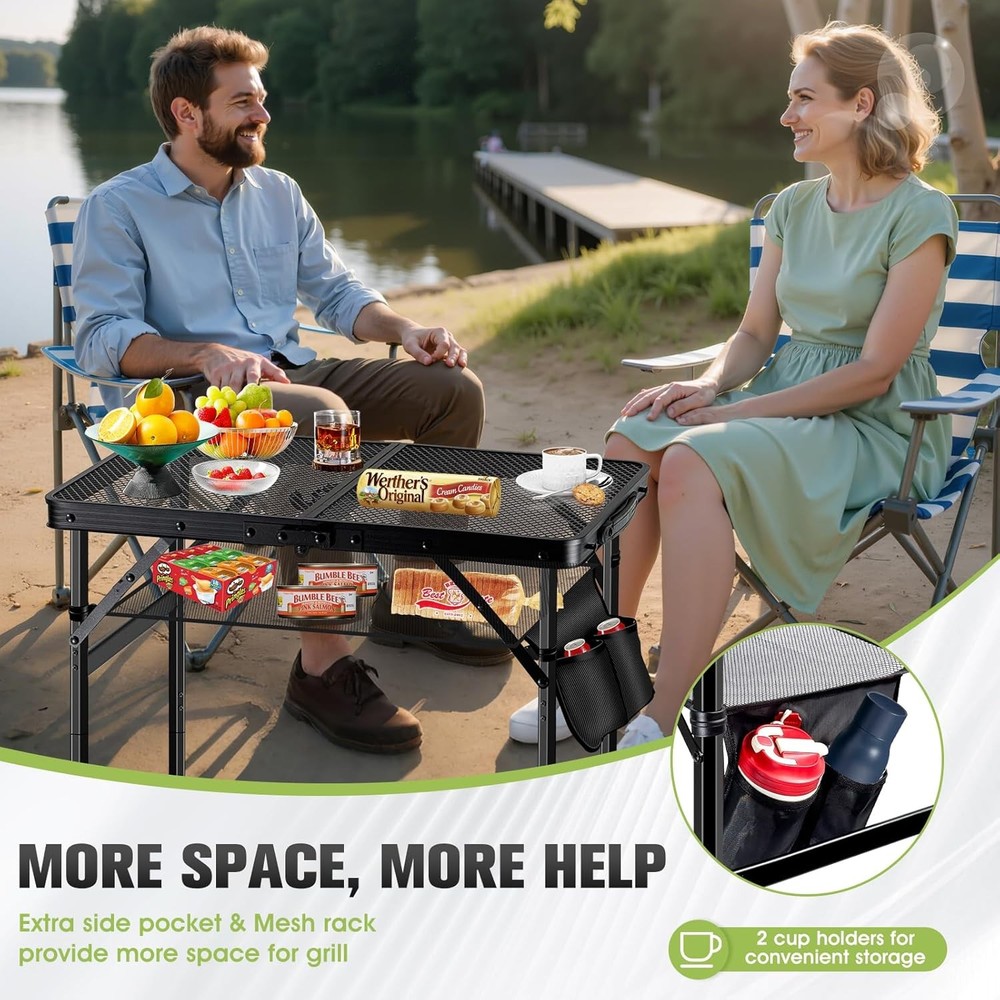 Upgraded Folding Grill Table - Metal Portable Camping Table, 2 Height Adjustable