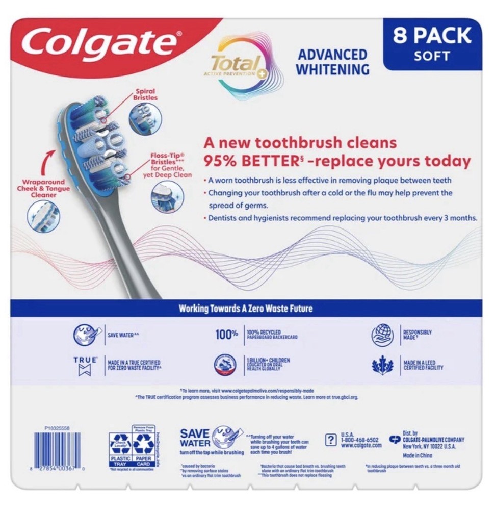 Colgate Total Advanced Whitening Toothbrush Soft 8 Pack Individually Sealed