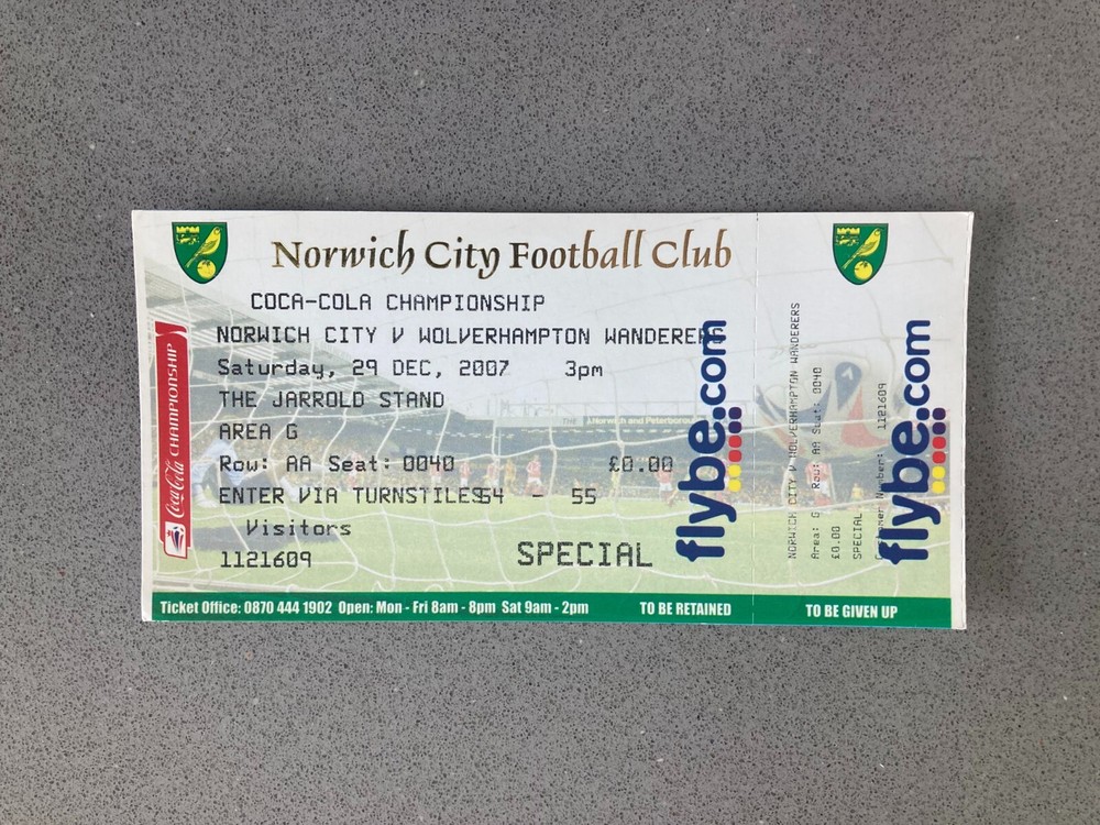 Norwich City v Wolverhampton Wanderers 2007-08 Match Ticket