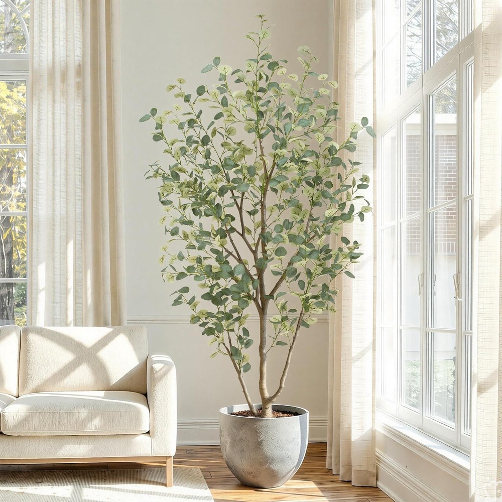 7FT Artificial Eucalyptus Tree Indoor, Faux Eucalyptus Tree with 689 Silk Lea...
