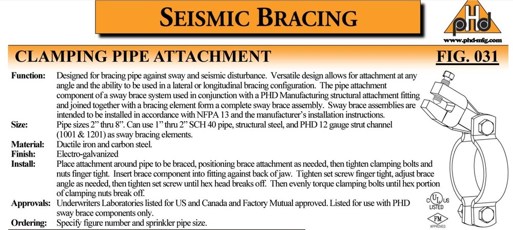 PHD Fig. 031 4" Seismic Sway Brace Clamping Pipe Attachment, Electro-Galvanized