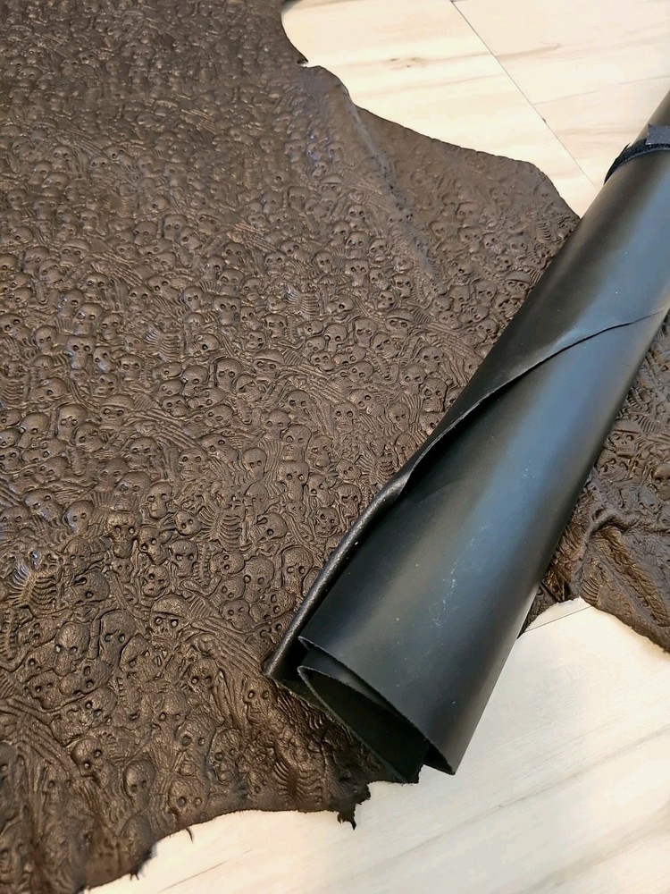 VEGETABLE TAN SKULL & BONES EMBOSSED BROWN LEATHER HIDE SOFT SHEET,PANEL,CUT