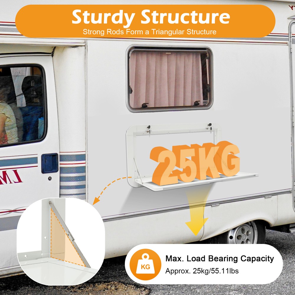 Wall Mount RV Caravan Picnic Folding External Table Aluminum White 800 x 450mm