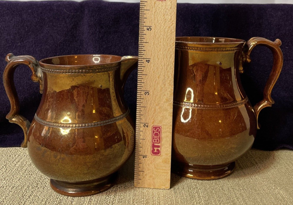 2 Vintage Lusterware Pitchers Glossy Brown and Copper Graduated Sizes (Flaws)