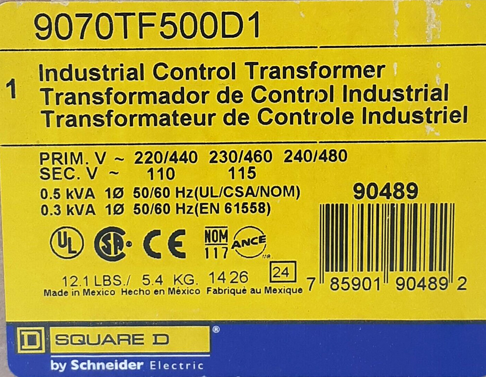 Square D 9070TF500D1 Industrial Control Transformer