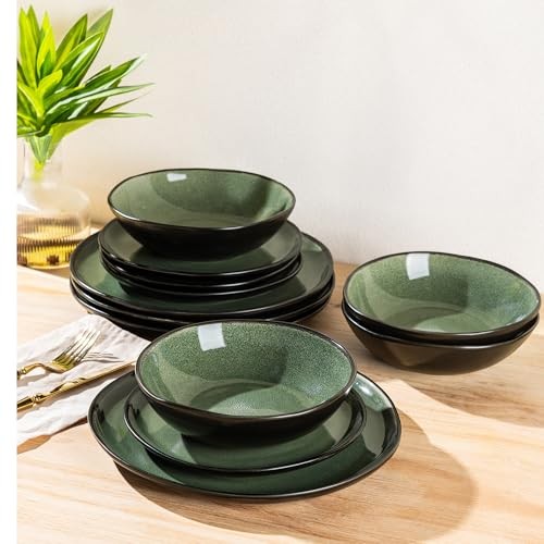 Ceramic Dinnerware Sets,Handmade Reactive Glaze Service for 4 Matte Jade Green