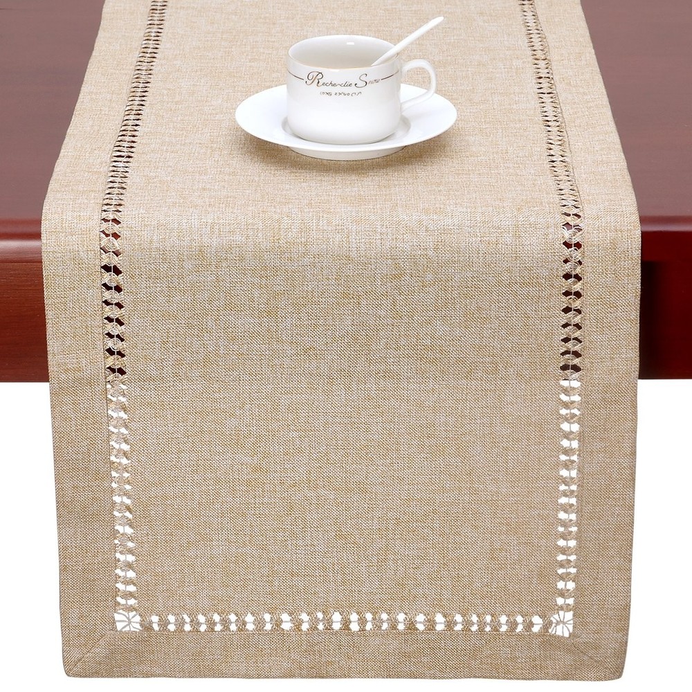 Grelucgo Large Handmade Hemstitch Beige Table Runner, Rectangular 14 by 108 Inch
