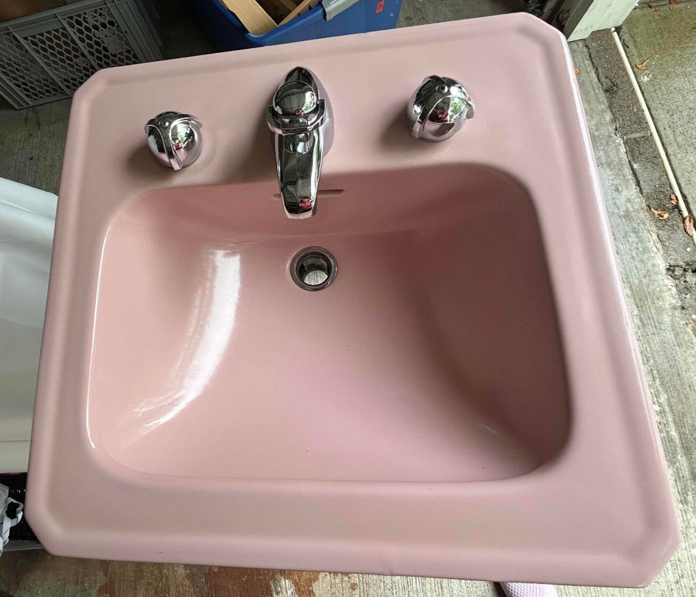 1954 Crane Pink Bathroom Sink - Drop-In - Atomic Chrome Knobs - Square Corners!
