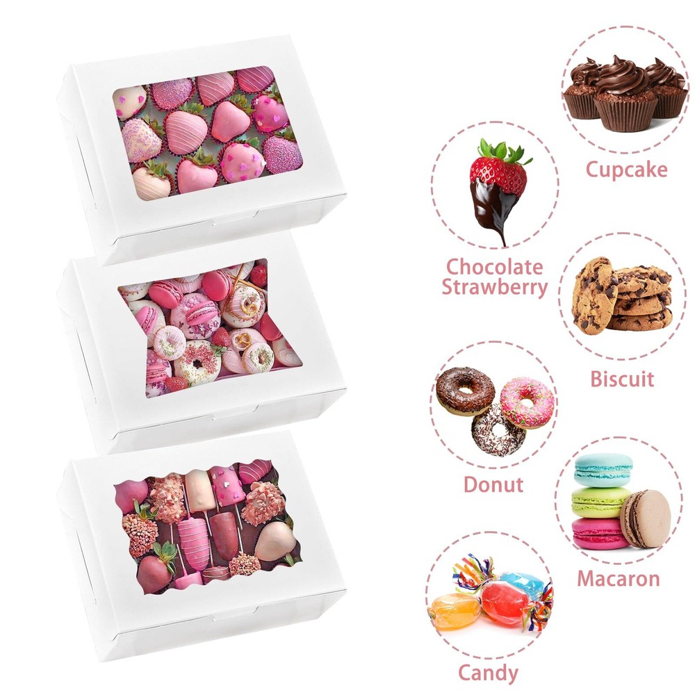 48pcs Cookie Boxes with Window, 8x6x2.5 Inch 3 Style Dessert Boxes, Pastry Bo...