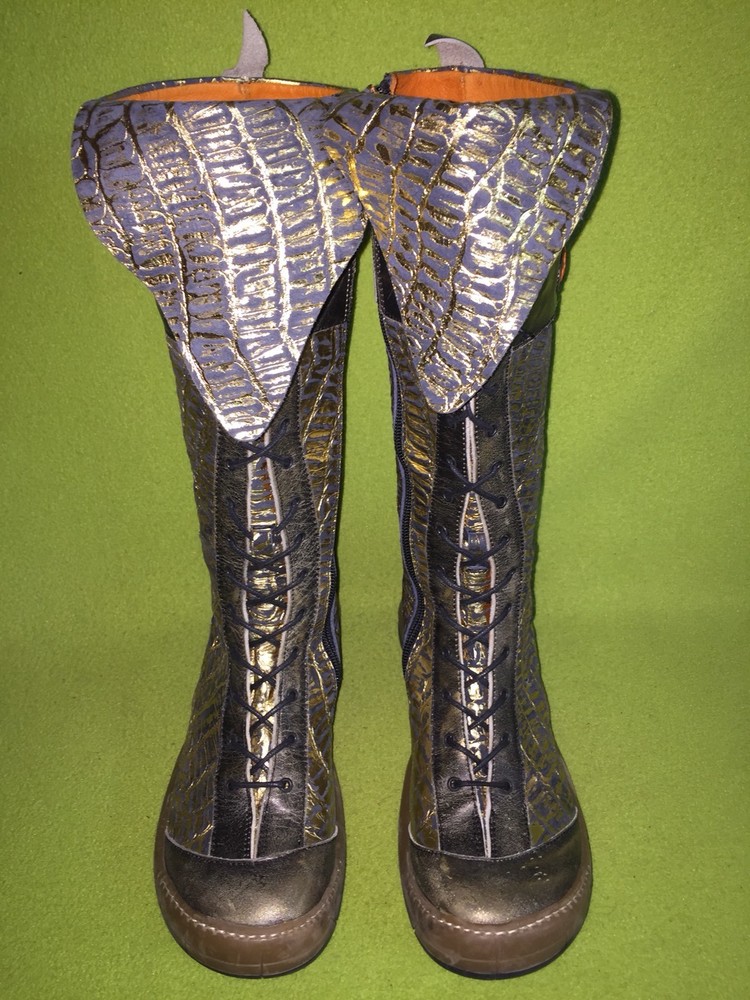 Antiqued Dark Grey & Gold Eject Lace-Up Boots 8 39