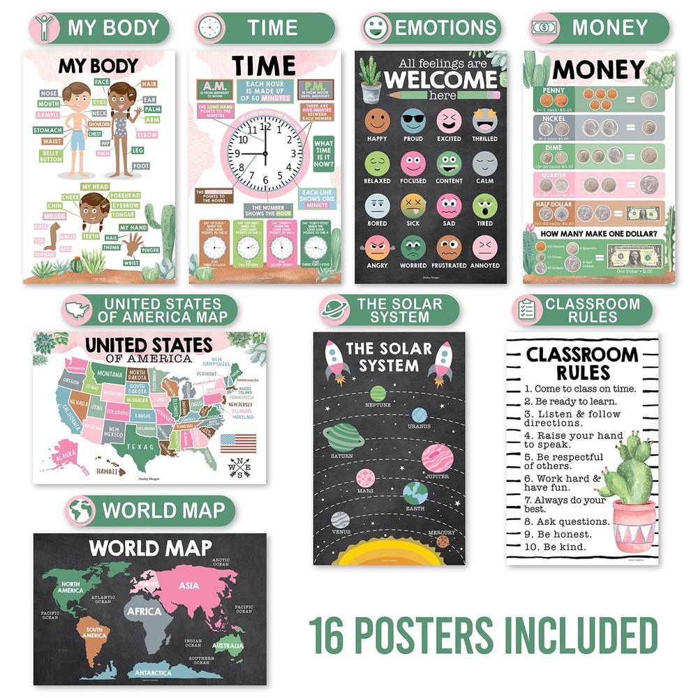 Hadley Designs 16 Educational Laminated Classroom Posters - Learning Charts