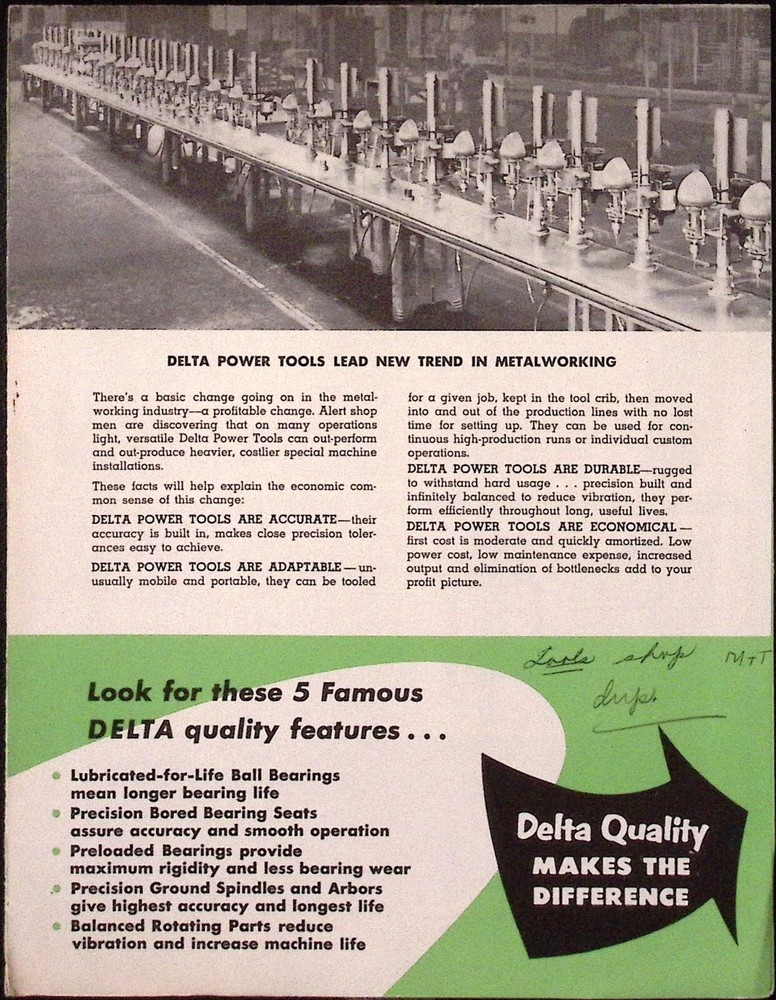 1950s Delta Power Tools Metal Working Tools Fold Out Poster Brochure