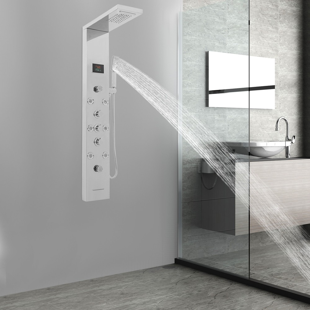 White Shower Panel With Waterfall / Rainfall Overhead Shower+Handheld Shower NEW