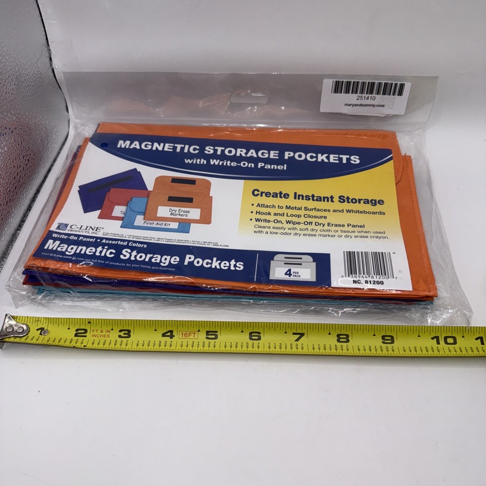 C-Line Magnetic Storage Pockets with write on panel 4 Per Pack 10” x 6” NWT