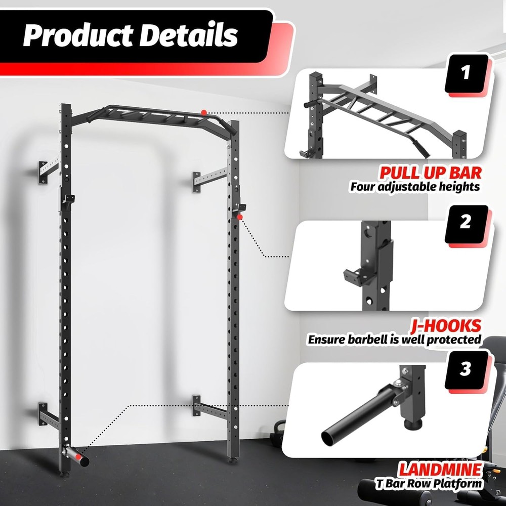Wall Mounted Strength Rack for Home,Multi-Grip Pull Up Bar w Landmine Attachment