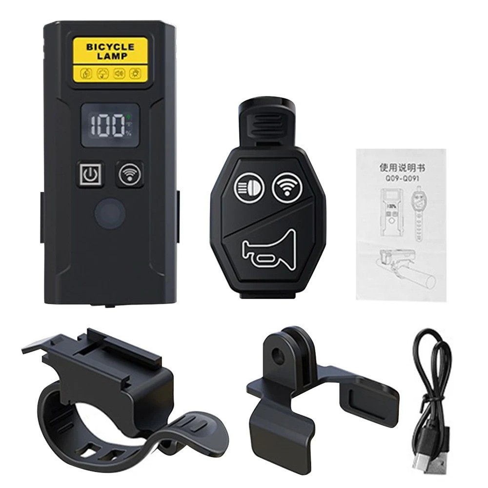 Bicycle Front Light with Horn Remote Control Smart Light Sensing Type-C Recharge