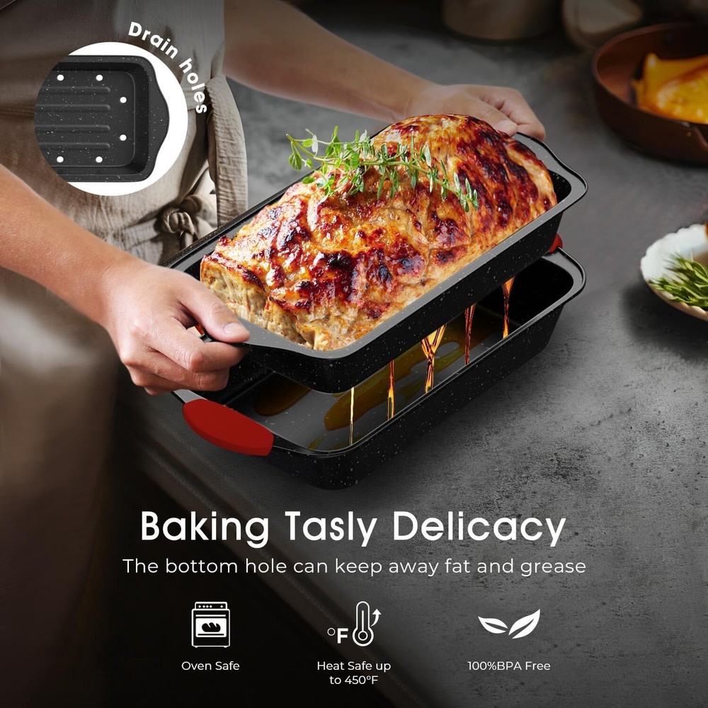 11-Piece Nonstick Baking Pan Set, Stackable,with Silicone Handles, Red and Black