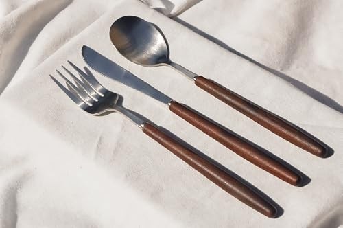 Lightweight Stainless Steel Flatware Set with Walnut (4 Sets) 12 Plain