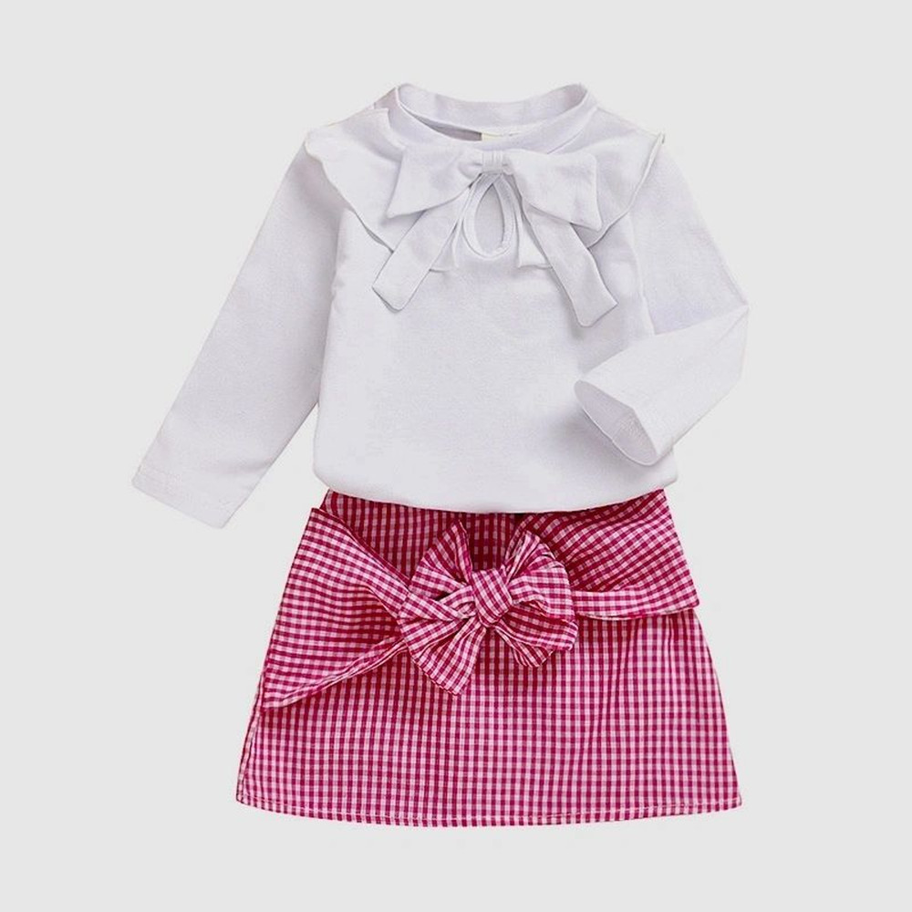 Solid Color Bownot Decor Top And Plaid Skirt Set