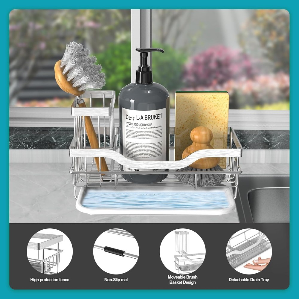 Rustproof Kitchen Sink Organizer and Sponge Caddy with Detachable Brush HolderSF