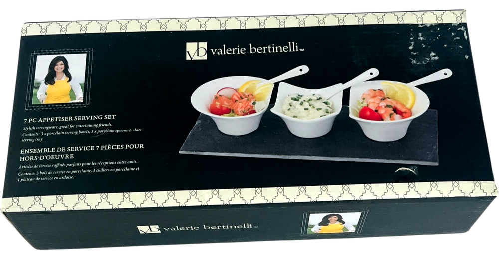 Valerie Bertinelli 7 Pc Appetiser Serving Set 3 Bowls & Spoons Slate