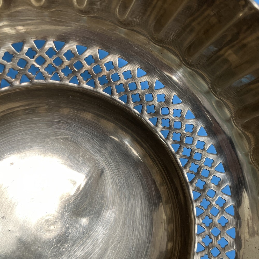 Brass Basket W/Handle Pedestal Reticulated 7” Diameter X 4.5” Solid Brass