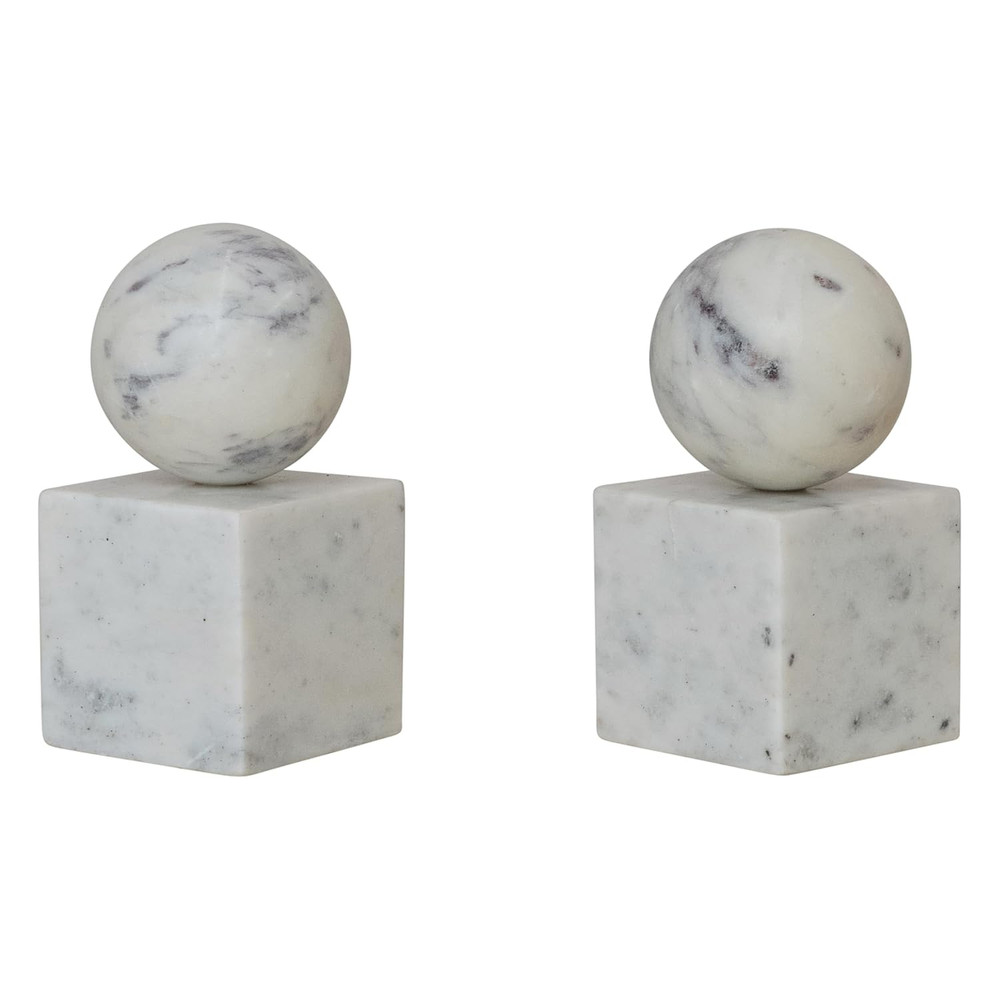 2-Piece Marble Geometric Bookends, White