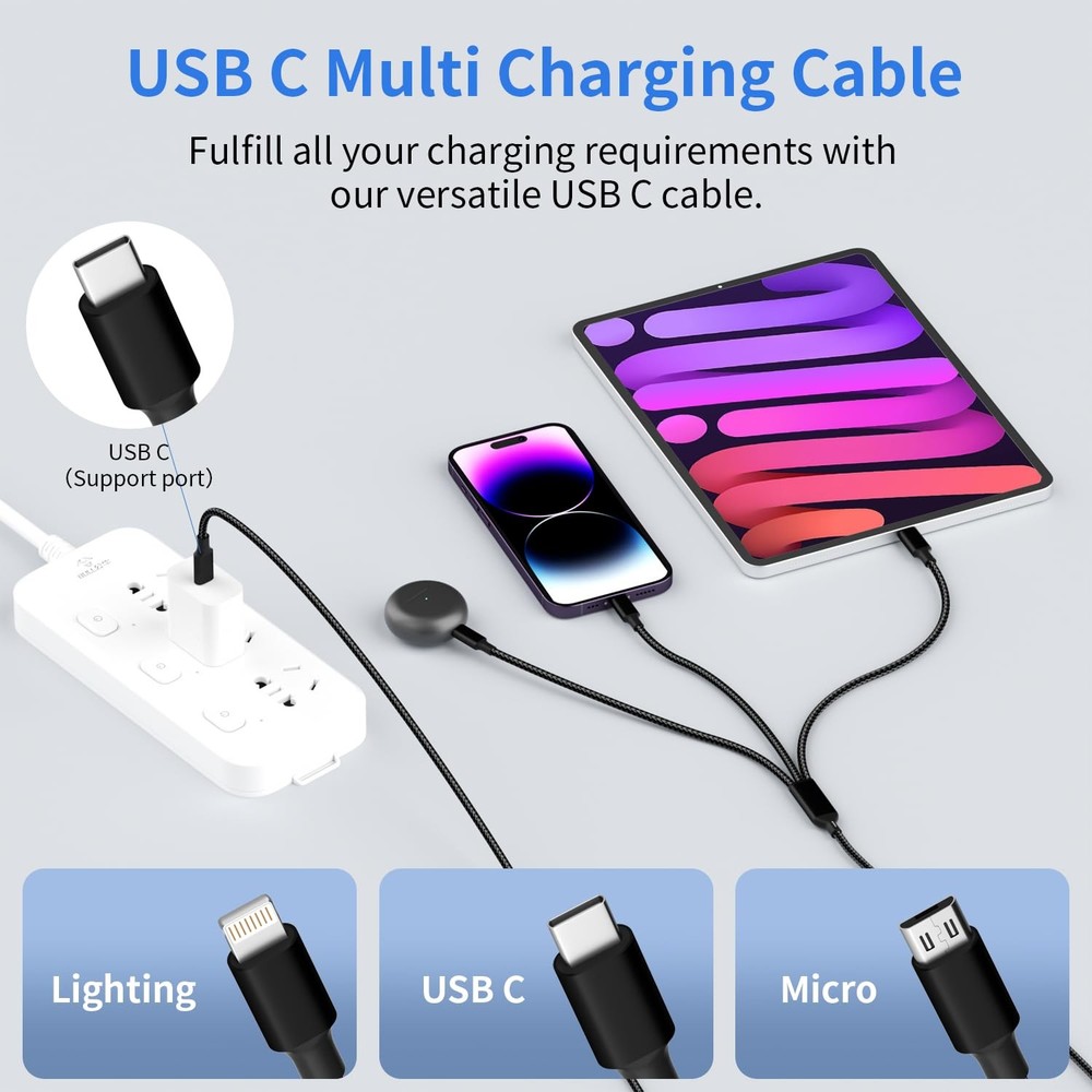 Travel Essentials,Dual Type-C 3 in 1 Multi Charging Cable, 4 FT 4FT, Black