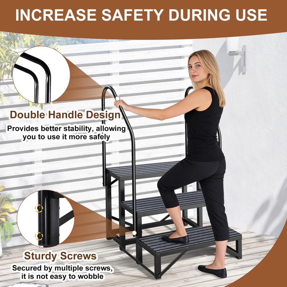 3 Steps RV Steps Outdoor Stairs w/ Handrails, Non-Slip 440lbs