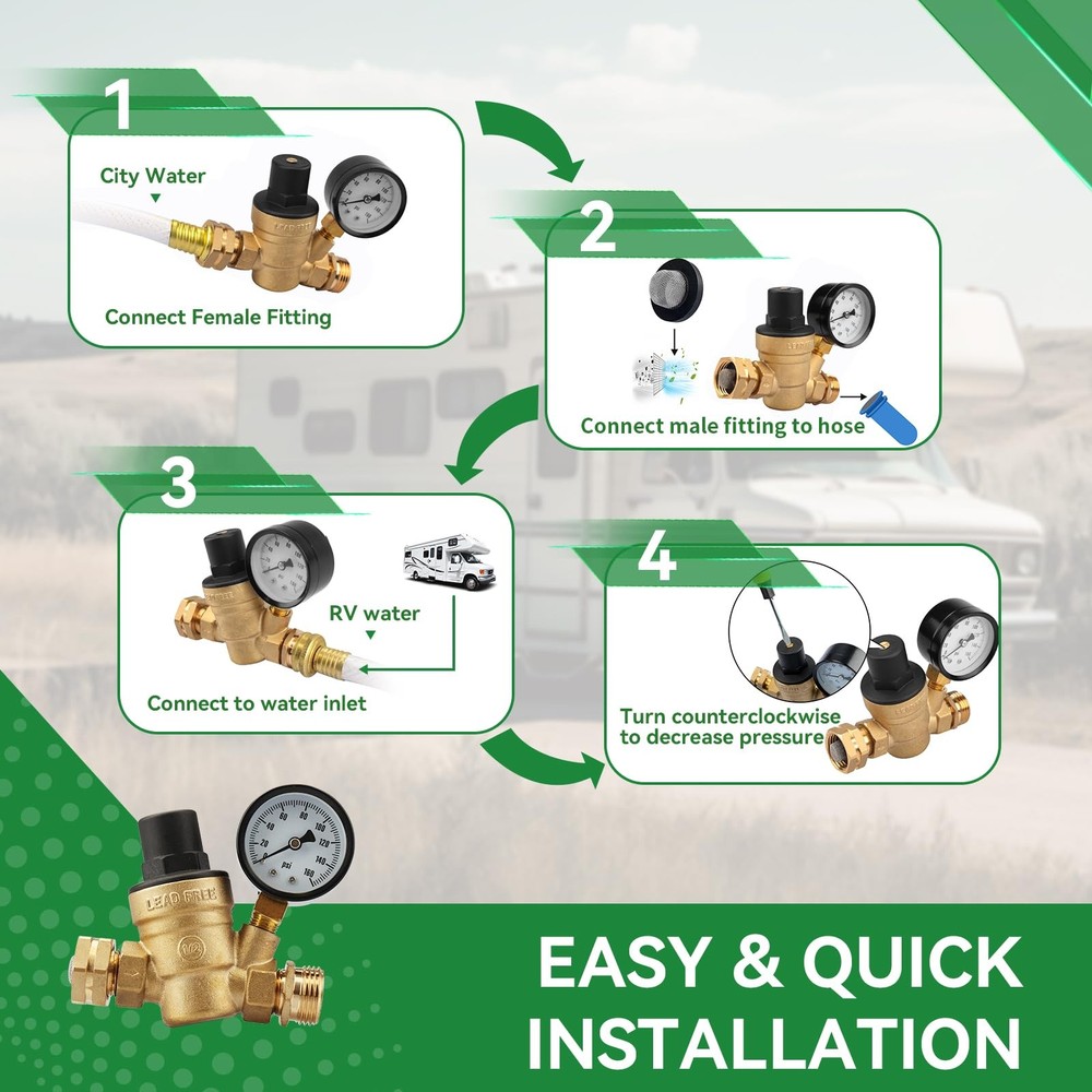 RVINGPRO RV Water Pressure Regulator and Filter Fresh Kit, Yellow