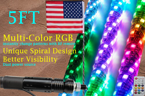 5 feet Spiral RGB LED Dancing Whip with Remote Control for ATV/UTV, 360°