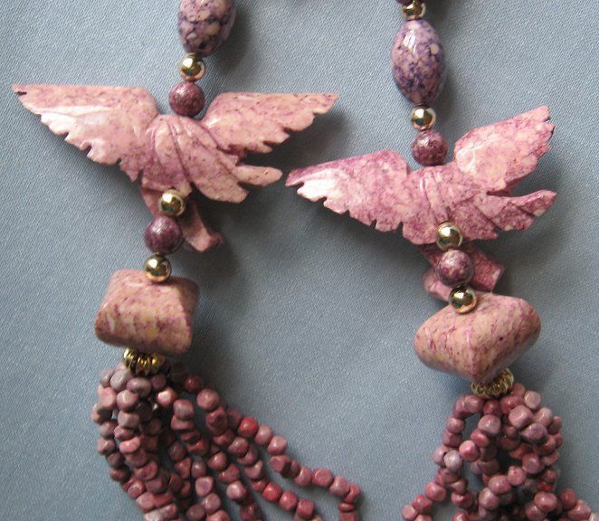 Multi Strand Mineral Bead Necklace w Carved Eagles 34"