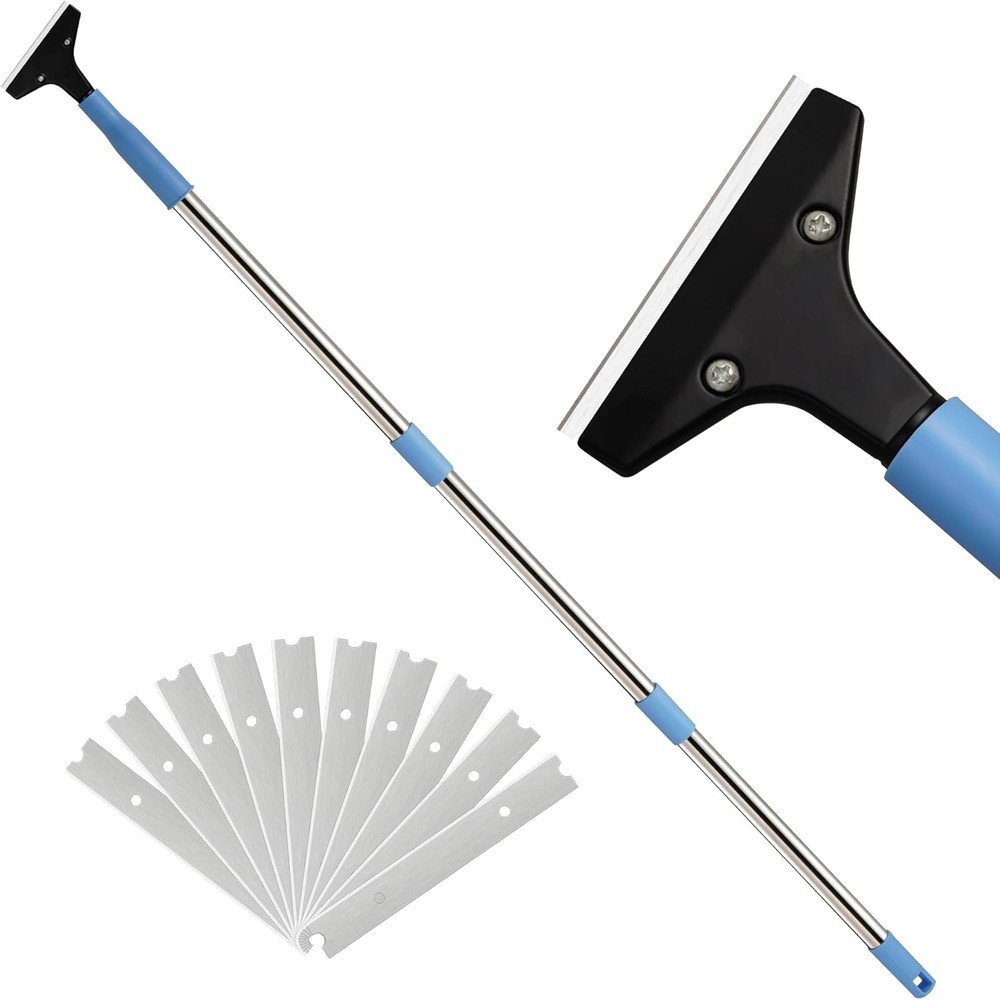 Durable 4-Inch Metal Floor Scraper with 10 Replacement Blades - Long Handle