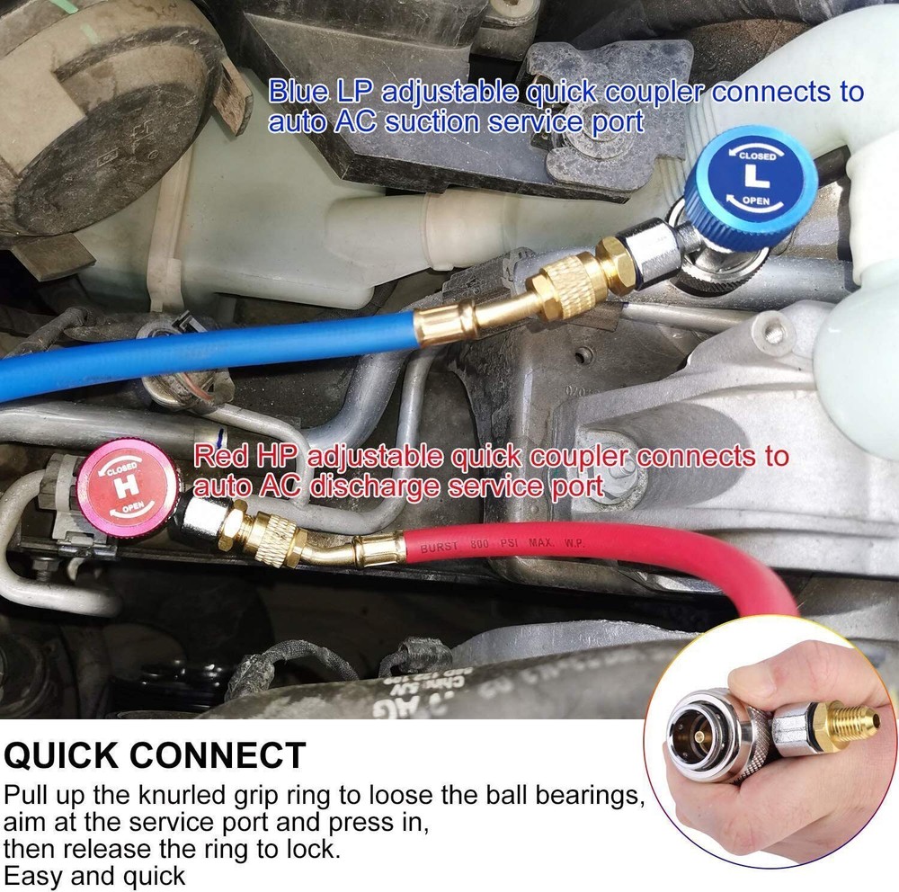 2 Quick Coupler Connector Adapter FREON High/Low Side Manifold AC Gauge Auto Set