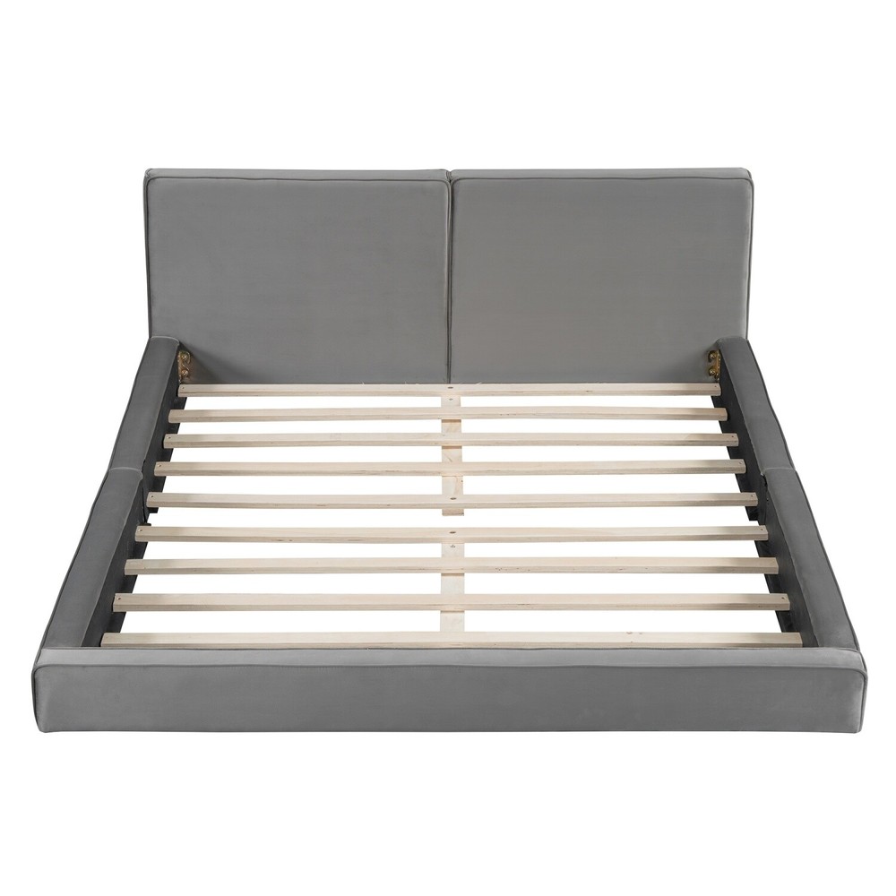 Queen Size Bed Frame Velvet Upholstered Platform Bed w/ Headboard Gray